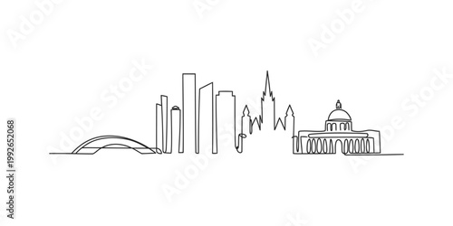 Continuous line drawing of a city skyline with a bridge and government building isolated on white background