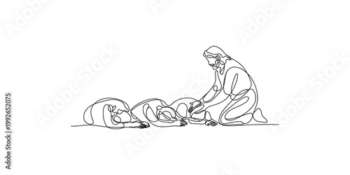 Continuous line drawing of a woman performing yoga with two dogs on a white mat in a serene setting with a peaceful atmosphere and a sense of calmness and relaxation