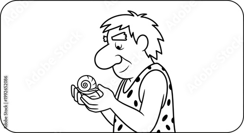Caveman Holding a Snail, Prehistoric Man Examining Small Creature in Hand