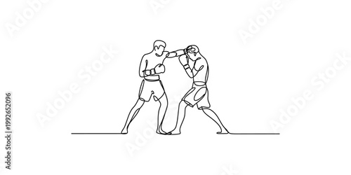 Two boxers engaged in a fierce match with punches thrown in a continuous line drawing style on white background