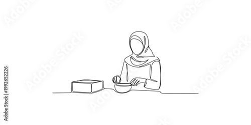 A woman wearing a hijab sitting at a table with a bowl and a box, simple line drawing in a minimalist style