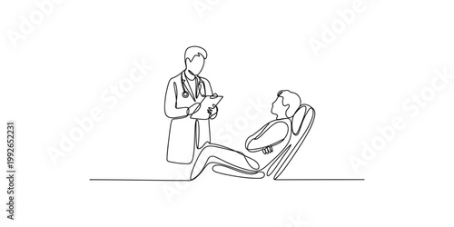 A doctor in a white coat takes notes while a patient sits on a dentist chair during a consultation in a clinical setting with a stethoscope around his neck