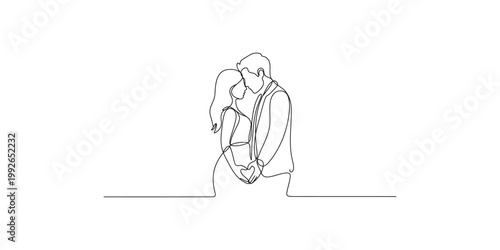 A minimalist line drawing of a man and woman embracing and kissing with love and affection on a white background