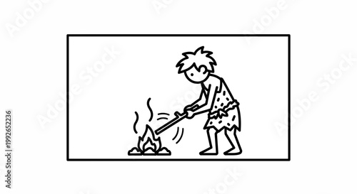 Caveman making fire with stick, prehistoric man, ancient human, discovery of fire, primitive life