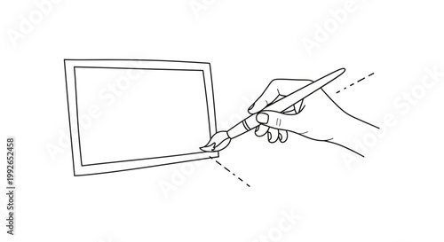 Artist hand painting on canvas with brush in frame, creative art process, hobby and leisure