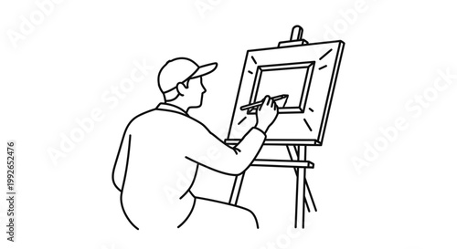 Artist painting on easel, creative hobby, artistic process, line art illustration