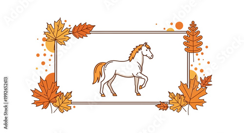 Autumn Horse Portrait: White Horse with Orange Mane and Tail, Framed by Maple Leaves