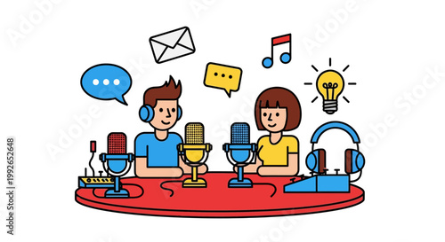 Two people recording a podcast together.