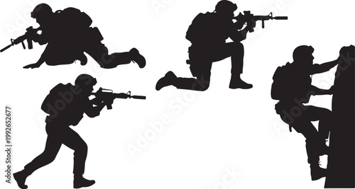 Military, soldier, combat, tactical, silhouette, vector icons, 4 elements, black