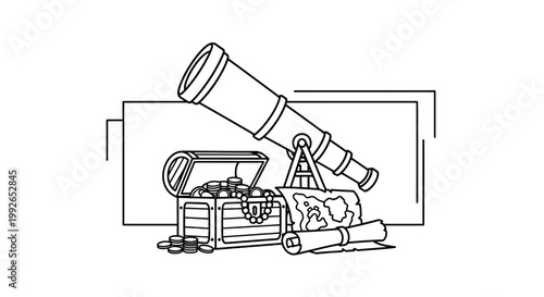 Treasure Chest, Telescope, Map, and Coins - Pirate Adventure Concept