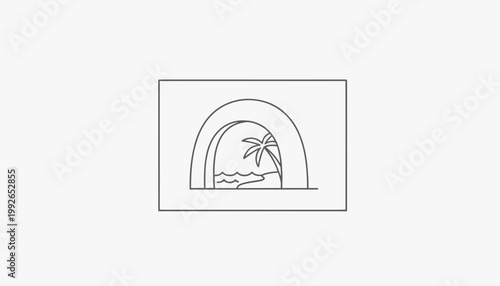 Tropical Beach Scene Through Archway: Palm Tree, Ocean Waves, and Shoreline