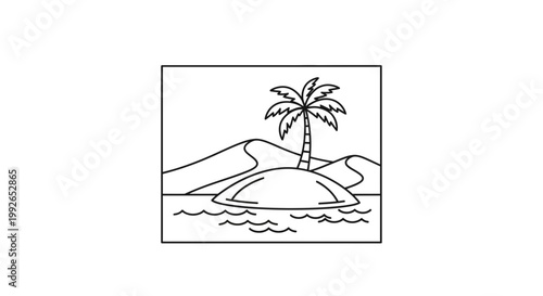 Tropical Island Oasis Palm Tree Desert Dunes Sandy Beach Ocean Waves Line Art
