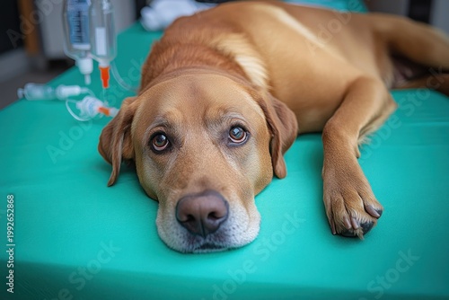sedated brown dog lying on teal veterinary table with iv drip and relaxed paw, calm and vulnerable atmosphere