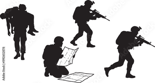 Military, soldier, silhouette, icons, 4 black, vector graphics, army, combat, tactical, operations
