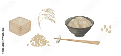日本の米食文化セット - 米俵、稲穂、ご飯、玄米食、箸、米粒の水彩イラスト300dpi
