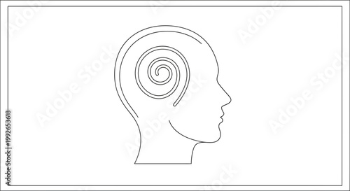 Abstract human head profile with swirling spiral inside, symbolizing thought process and creativity