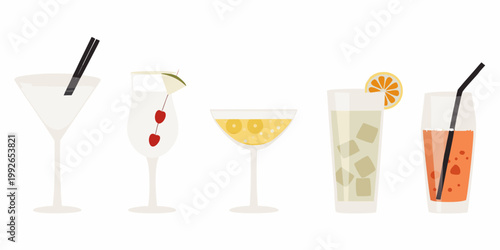 A collection of colorful cocktails and drinks in various glassware