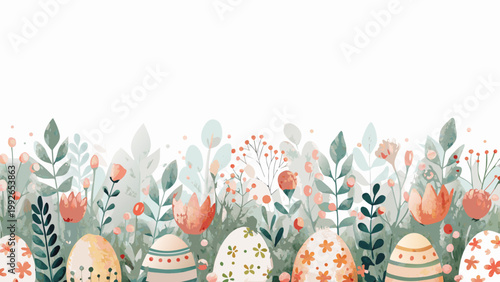 A watercolor seamless pattern of easter eggs and spring florals