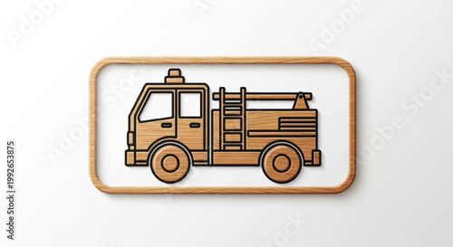 Wooden Fire Truck Icon, Firefighter Vehicle, Emergency Service, Cartoon Style