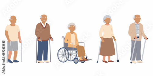 Diverse group of seniors with mobility aids displayed in a flat vector style