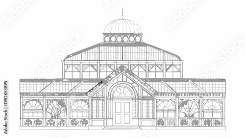 Detailed line drawing of a victorian era glasshouse or greenhouse structure