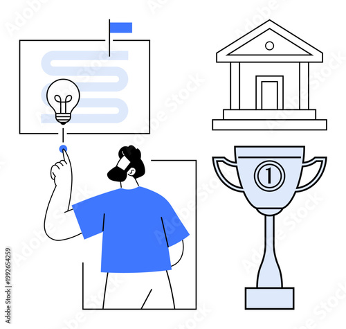 Innovation concept. Innovation ed by a person interacting with an idea bulb, a trophy for success, and an institution symbol for progress. For education, business, strategy, growth, leadership