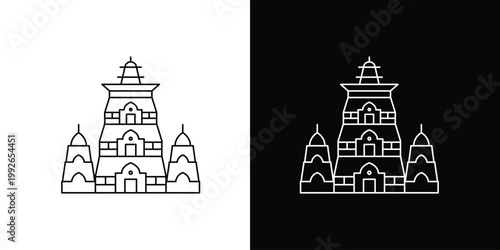 Single icon of stylized outline of a temple or pagoda building, presented in both black and white versions for versatile design use