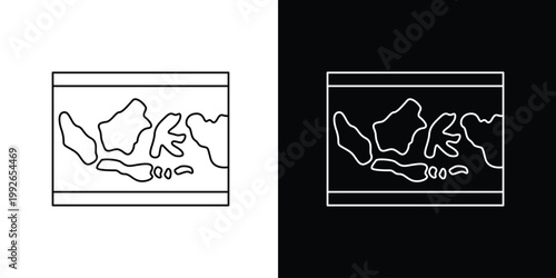 Single icon of outline map of Indonesia and Oceania, presented in a minimalist, clean style on both light and dark backgrounds