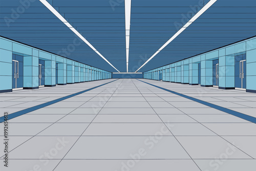 Long hallway with blue walls and doors at an underground station in a modern city during daytime