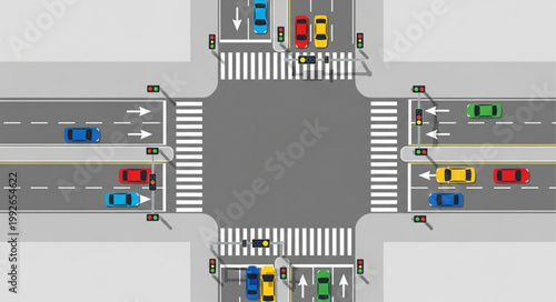 Busy City Intersection With Cars and Pedestrian Crossings.