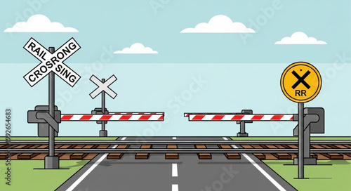 Railroad crossing with barrier and signs.
