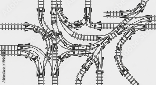 Complex railway track junction with multiple switches and lines.
