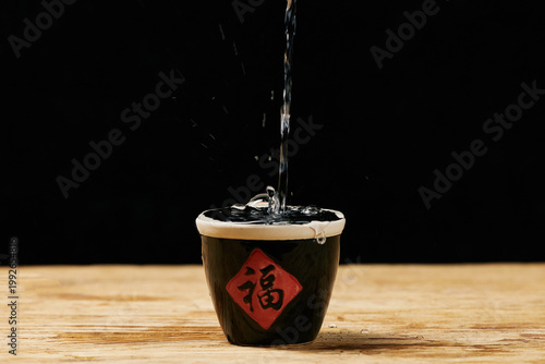 Foto Pouring clear liquor into traditional Chinese wine jar on wooden table