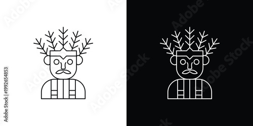 Single icon of traditional human face with headdress and torso lines, symbol graphic on white and black background