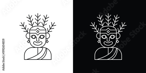 Stylized Traditional Cultural Mask Icon with Ornate Headdress Line Art Illustration on Contrasting Backgrounds, Representing Heritage and Ethnic Art