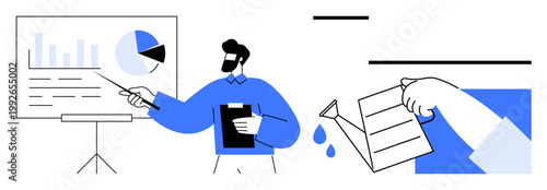 Data analysis, business strategy, growth planning, investment, financial success, education. A man points to a chart with graphs and a hand waters a paper growth. Data analysis and business strategy