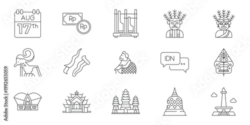 Vector line art icons depicting Indonesian culture, landmarks, and traditions