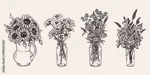 Vintage floral arrangements in sketched vases a delicate botanical illustration