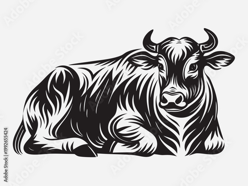 A detailed black and white illustration of a reclining yak animal