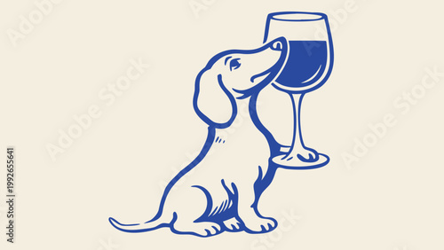 A playful cartoon dachshund appears to drink from a large wine glass