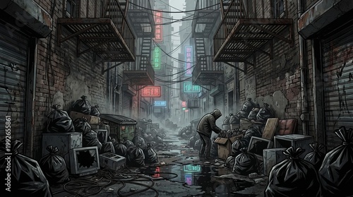 A dark, rainy urban alleyway overflowing with garbage, where a lone figure scavenges amidst the debris under distant neon lights.