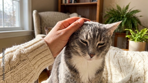 A human hand gently strokes the head of a contented gray tabby cat in a sunlit indoor setting.