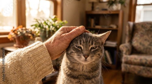 A human hand gently pets a contented tabby cat basking in warm indoor light.