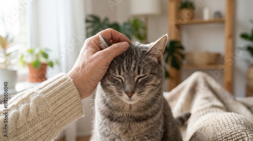 A person's hand gently strokes the head of a contented tabby cat with closed eyes, enjoying a moment of affection indoors.