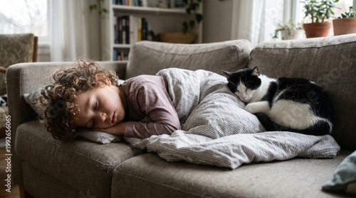 A young boy and his black and white cat peacefully sleeping together on a cozy sofa.