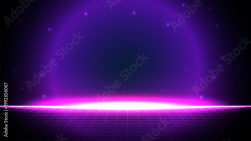 Retro futuristic synthwave background with purple neon grid floor and stars