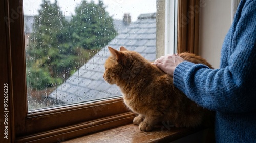 A cozy orange cat gazes thoughtfully out a rain-streaked window as a hand gently pets its fur.