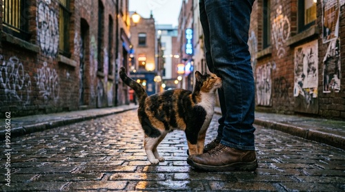 A calico cat affectionately rubs against a person's leg on a wet, cobblestone city street at dusk.