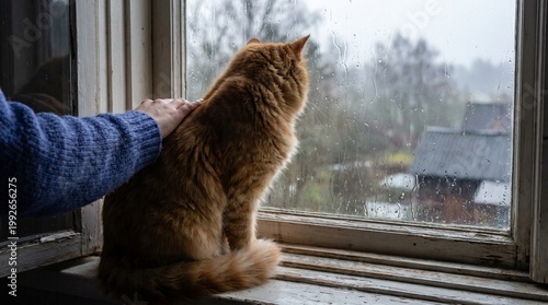 A human hand gently pets a ginger cat sitting on a window sill, looking out at a rainy day.