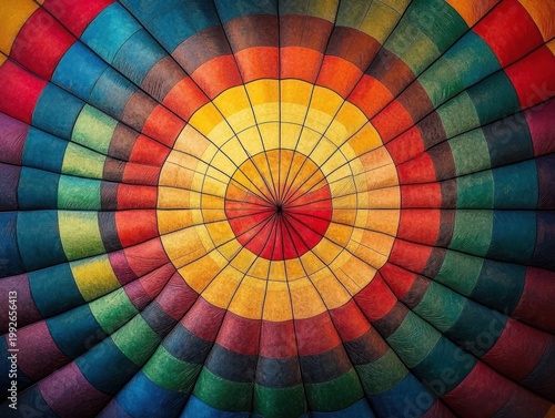 inside view of a colorful hot air balloon canopy with concentric rainbow fabric panels and radial seams, radiating vibrant joyful uplifting energy